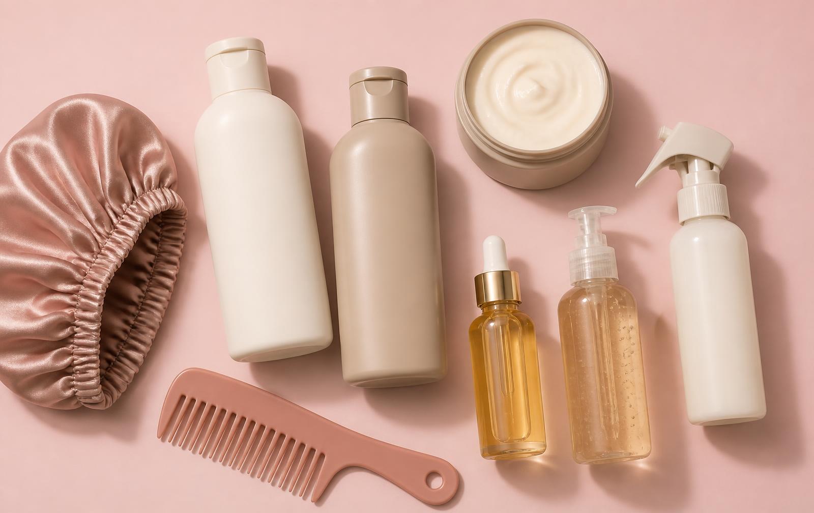 Produtos de cuidado capilar sobre fundo rosa: shampoo, condicionador, máscara, óleo e touca de cetim
